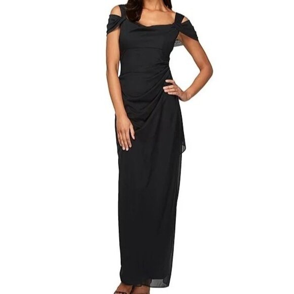Alex Evenings Draped Cold Shoulder Long Evening Gown Size 12 Black Ruched Dress - Picture 2 of 16